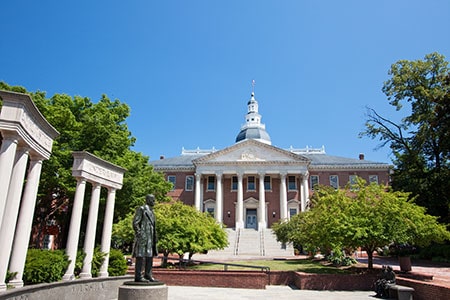 Exterior of Maryland State House with Blue Sky Background in Annapolis, Maryland